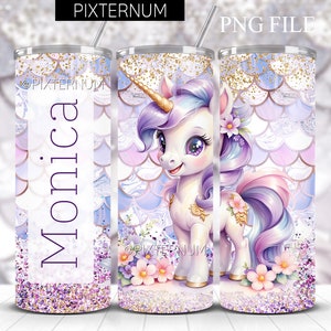 Emballage de verres mince Happy Unicorn 20 oz, fleurs printanières sans couture sirène paillettes 20 oz Sublimation Design PNG, téléchargement numérique