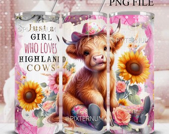 Nur ein Mädchen, das Highland Cows 20oz Skinny Tumbler Wrap, Country 20 oz Sublimation Design PNG, Cow Digital Download, Seamless Wrap liebt