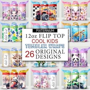 26 Kids Tumbler Wrap PNG Bundle, Watercolor 12oz Sippy Cup Wraps, Flip Top Tumbler Wrap Bundle, Seamless Sublimation Design, Digital