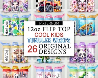 26 Kids Tumbler Wrap PNG Bundle, Watercolor 12oz Sippy Cup Wraps, Flip Top Tumbler Wrap Bundle, Seamless Sublimation Design, Digital