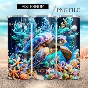 May include: A colourful tumbler design featuring a sea turtle swimming in a vibrant underwater scene with coral, starfish, and bubbles. The design includes the text "Pixternum".