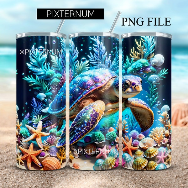 Seamless 3D Sea Turtle Tumbler Wrap PNG, Ocean Seashells, Starfish, Glitter Tumbler Design, Straight 20oz Skinny Tumbler, Sublimation Design