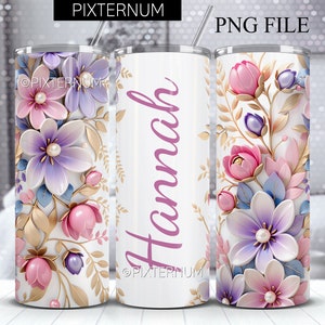 Nahtloser 3D Blumen Becher Wrap, Fügen Sie Ihren Namen hinzu, Rosa Weiß Floral PNG 3D Becher Design, Gerader 20 Unzen Skinny Becher, Sublimations Design