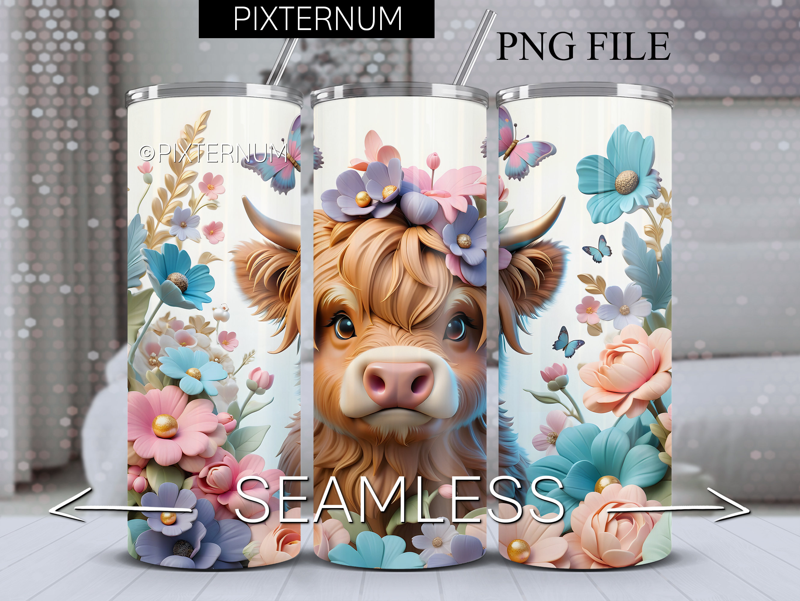 Seamless 3D Highland Cow Tumbler Wrap, Calf Flowers PNG 3D Tumbler ...