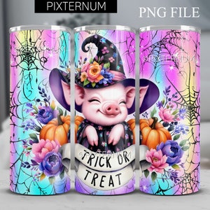 Lindo Halloween Pig Tumbler Wrap PNG, Bruja holográfica de Halloween 20oz Diseño de sublimación de vaso flaco, Envoltura de vaso de Halloween, Truco o