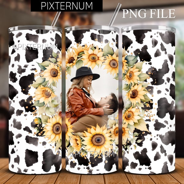 Personalized Photo Western Cowhide Sunflowers Glitter 20oz Photo Skinny Tumbler Wrap, Seamless 20oz Sublimation Design PNG, Digital Download