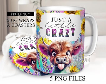 Highland Cow with Sunflowers Wrap PNG, Country Mug Sublimation Design Template, 11oz, 12oz, 15oz Coffee Mug Design, Digital Download, PNG