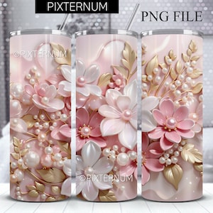 May include: A pink and gold tumbler with a floral design featuring pink and white flowers, gold leaves, and pearl accents. The tumbler is designed for sublimation.