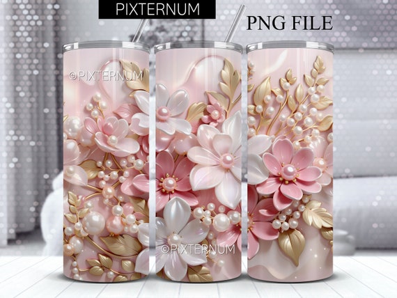 3D Flowers Tumbler Wrap, Seamless Pink White Gold Floral and Pearls PNG 3D Tumbler Design, Straight 20oz Skinny Tumbler, Sublimation Design