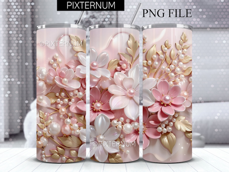 May include: A pink and gold tumbler with a floral design featuring pink and white flowers, gold leaves, and pearl accents. The tumbler is designed for sublimation.