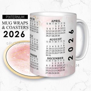 Calendrier 2026 nouvel an Wrap PNG, modèle de conception de sublimation de tasse, 11 oz, 12 oz, 15 oz conception de tasse à café, téléchargement numérique