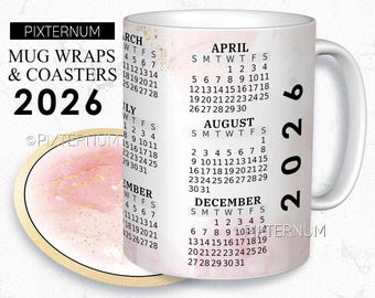 2026 Calendar New Year Wrap PNG, Mug Sublimation Design Template, 11oz, 12oz, 15oz Coffee Mug Design, Digital Download