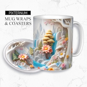 3D Cartoon Wasserfall Wald Tasse wickeln PNG, Becher Sublimation Design Vorlage, 11 Unzen, 12 Unzen, 15 Unzen Kaffeetasse Design, digitaler Download, 3D Blumen