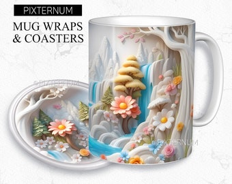 3d Cartoon Waterfall Forest Mug Wrap PNG, Mug Sublimation Design Template, 11oz, 12oz, 15oz Coffee Mug Design, Digital Download, 3D Flowers