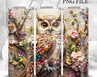 May include: A white owl with colorful jewels and flowers on its feathers, sitting on a branch with more flowers. The background is a light brown with glitter. The image is for a tumbler design.