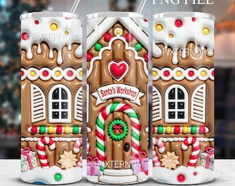 Può includere: Un bicchiere da sublimazione con un design a forma di casetta di pan di zenzero, un cuore rosso, bastoncini di zucchero e il testo "Santa's Workshop".