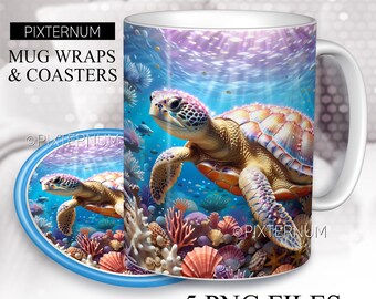 3D Sea Turtle Mug Wrap PNG, Ocean, Seashells Mug Sublimation Design Template, 11oz, 12oz, 15oz Coffee Mug Design, Digital Download