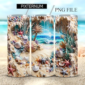 Nahtloser 3D-Glitzerstrand, Meer, Muscheln, Seestern, Becherverpackung, PNG 3D-Becherdesign, gerader 20 Unzen Skinny-Becher, Sublimationsdesign
