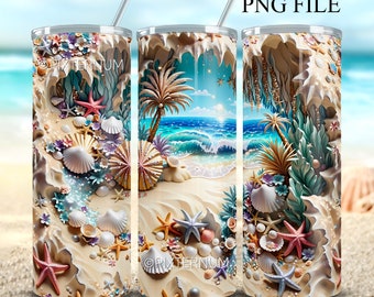 Seamless 3D glitter Beach, Ocean, Seashells, Starfish, Tumbler Wrap, PNG 3D Tumbler Design, Straight 20oz Skinny Tumbler, Sublimation Design