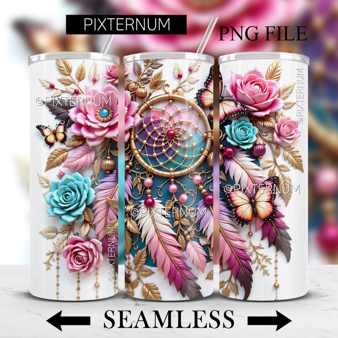 3D Boho Dreamcatcher Tumbler Wrap by Pixternum: Pink Floral Butterfly ...