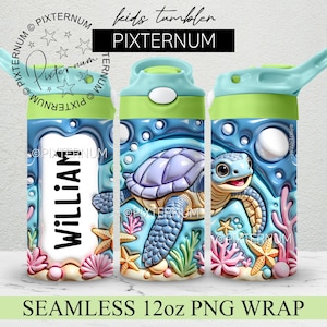 3D aufgeblasene geschwollene niedliche Meeresschildkröte Kinder Tumbler Wrap PNG, 12 Unzen Schnabeltasse und Flip Top Wrap, Nahtloses Sublimationsdesign, Fügen Sie Name Wrap hinzu