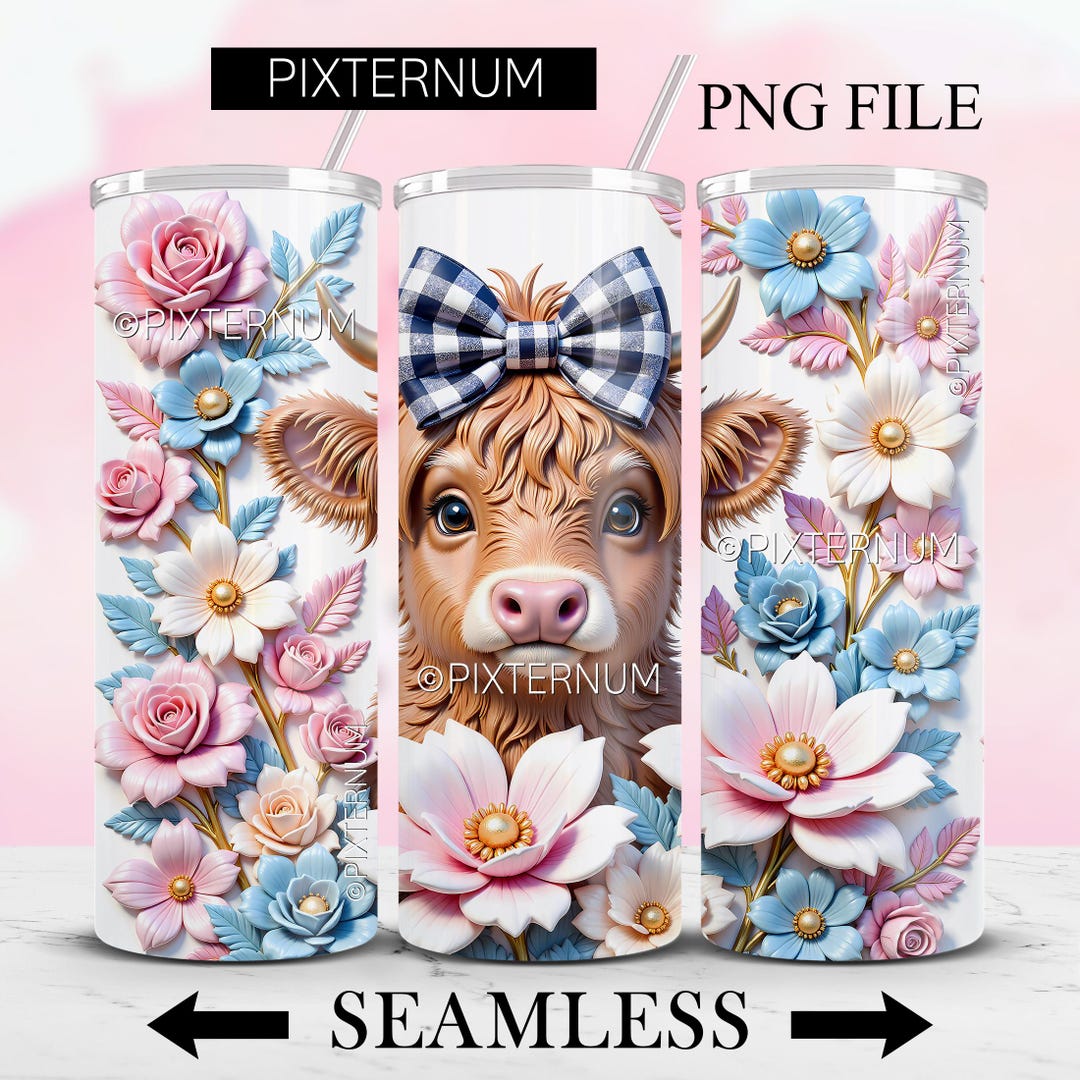 By Pixternum 3D Highland Cow Tumbler Wrap PNG, 3D Cow and Flowers 20oz ...
