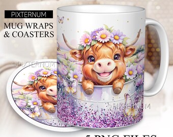 Highland Cow in a bucket Wrap PNG, Farm Mug Sublimation Watercolor Design Template, 11oz, 12oz, 15oz Coffee Mug Design, Digital Download