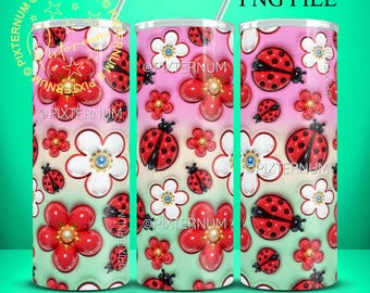 Könnte beinhalten: Ein nahtloses Becherdesign mit einem sich wiederholenden Muster aus roten Marienkäfern und Blumen auf einem Farbverlaufshintergrund aus Rosa, Weiß und Grün. Das Design enthält den Text "PIXTERNUM" und "SEAMLESS".