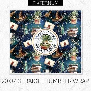 May include: A 20 ounce straight tumbler wrap featuring a repeating pattern of a dark blue background with stars, books, potion bottles, and a magical plant with the words "Magic Potion" in a circle.