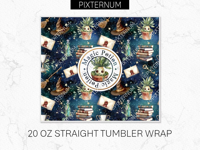 May include: A 20 ounce straight tumbler wrap featuring a repeating pattern of a dark blue background with stars, books, potion bottles, and a magical plant with the words "Magic Potion" in a circle.