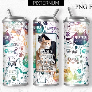 Diseño de vaso de gato personalizado, envoltura de vaso de foto de gato lindo Png, vaso flaco de 20 oz, diseño de sublimación sin costuras, agregue su propia foto