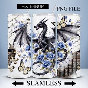 Dragon Book Tumbler Wrap PNG, Fantasy Book Reader 20oz Skinny Tumbler Sublimation Design, Book Tok Seamless Digital, Romance Pixternum