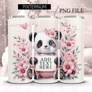 3D Hermoso Panda en flores 20oz Skinny Tumbler Wrap, Agregar texto de nombre 20 oz Diseño de sublimación PNG, Descarga digital personalizada, Sin costuras