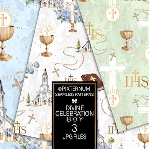 Religiöse Musterdesigns, Junge Erstkommunion, Digitale Papiere von Pixternum, Taufe, Firmung, Taufe, Bibel, Kreuz