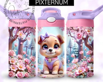 3D Cute Dog - Kids Tumbler Wrap PNG, 12oz Sippy Cup Flip Top Wrap, Seamless Sublimation Design, Pink Girly Tumbler, 3d Flowers, Digital