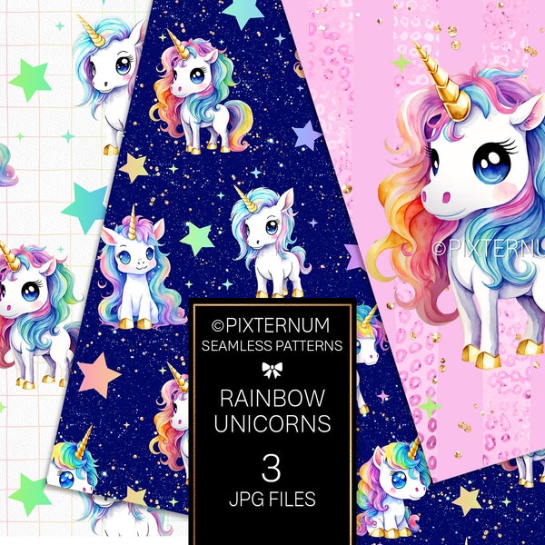 Unicorns Seamless Patterns Pack, Cute Watercolor Unicorn Rainbow Digital Papers by Pixternum, Sublimation, Fabric Pattern