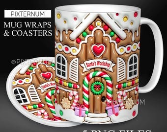 Envoltorio de casa de jengibre inflada 3D PNG, plantilla de sublimación de taza navideña, diseño de taza de café de 325 ml, 355 ml y 400 ml, descarga digital, 3D inflado