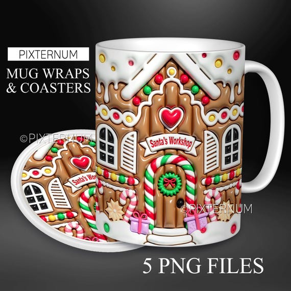 3D Inflated Gingerbread House Wrap PNG, Christmas Mug Sublimation Template, 11oz, 12oz, 15oz Coffee Mug Design, Digital Download, 3D Puffy