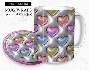 3d Inflated Hearts Mug Wrap PNG, Mug Sublimation Design Template, 11oz, 12oz, 15oz Coffee Mug Design, Digital Download, 3D Puff, Rainbow