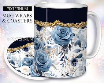 Glitter Watercolor Flowers Wrap PNG, Blue Mug Sublimation Design Template, 11oz, 12oz, 15oz Coffee Mug Design, Digital Download, Floral