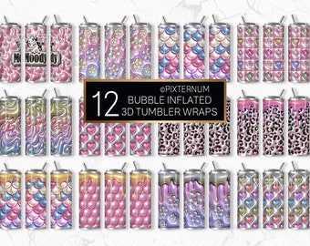 3D Inflated Rainbow Tumbler Wrap Bundle, Straight 20oz Skinny Tumbler, Bubble Puffy Sublimation Design, Seamless, Cheetah, Mermaid, Dripping