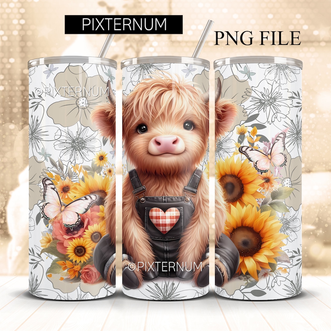 Cute Highland Cow With Butterflies and Sunflowers 20oz Skinny Tumbler ...