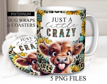 Highland Cow with Sunflowers Wrap PNG, Country Mug Sublimation Design Template, 11oz, 12oz, 15oz Coffee Mug Design, Digital Download, PNG