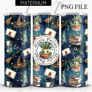 May include: A sublimation design for a tumbler featuring a blue background with stars, books, potions, and a magic potion label that says "Magic Potion".