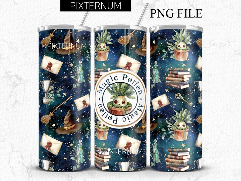 May include: A sublimation design for a tumbler featuring a blue background with stars, books, potions, and a magic potion label that says "Magic Potion".