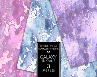 May include: Three seamless digital paper patterns featuring watercolor galaxy backgrounds with gold glitter and stars. The patterns are in shades of pink, purple, and blue.  ©Pixternum Seamless Patterns GALAXY INK vol 2 3 JPG FILES