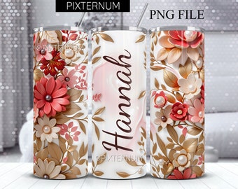 Seamless 3D Flowers Tumbler Wrap, Add your Name, Red Bronze Floral PNG 3D Tumbler Design, Straight 20oz Skinny Tumbler, Sublimation Design