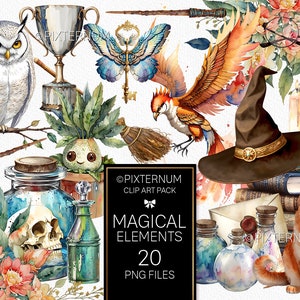 Pack de cliparts sorcière et sorcier, clipart aquarelle magique par Pixternum, mystique, baguette magique, balai, potions, phénix, livres, clé, chapeau, lot