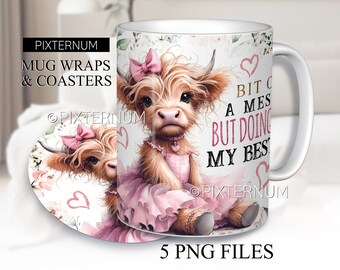 Highland Cow Wrap PNG, Bit of a Mess Country Mug Sublimation Design Template, 11oz, 12oz, 15oz Coffee Mug Design, Digital Download, PNG