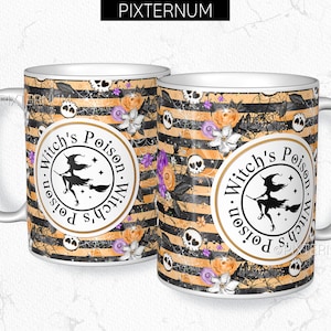 Halloween Digital Mug Wrap PNG, Sublimation Design Template, 12oz Coffee Mug Press, Digital Download, Skulls, Witch, Bats, Flowers